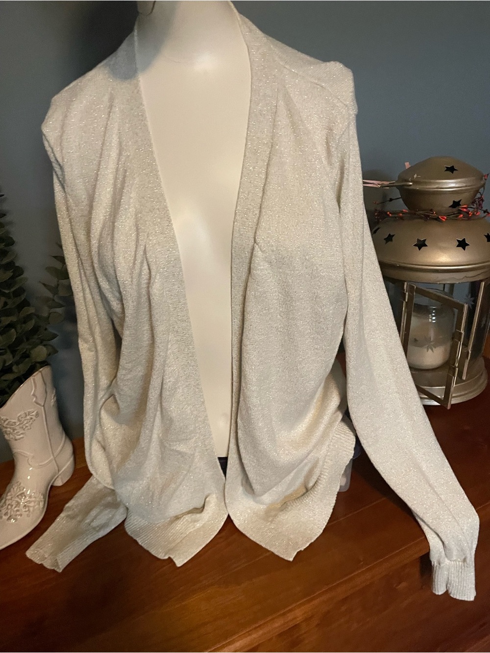 Attention Shimmery Open-Front Cardigan - metallic/Cream size large